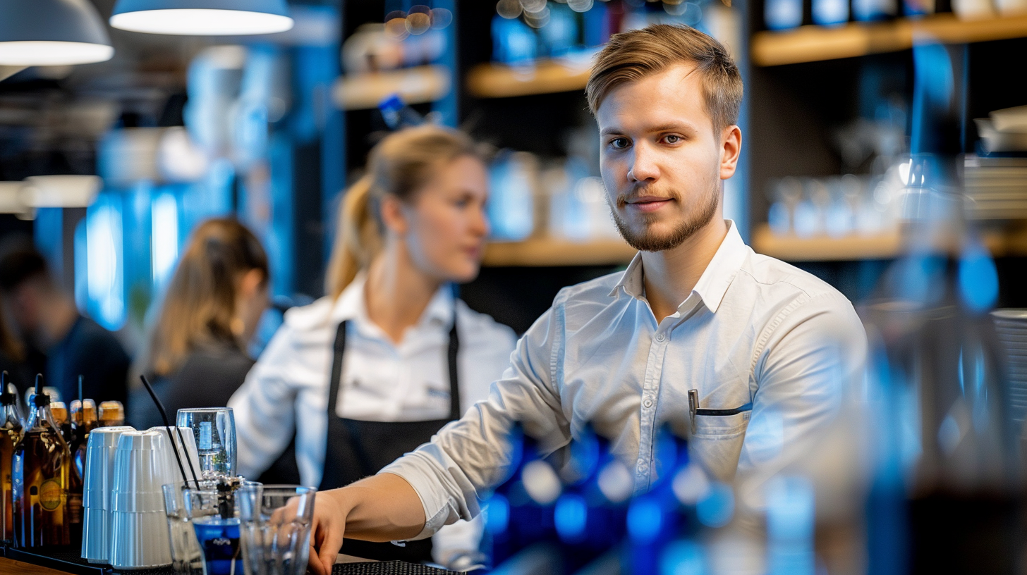 ravintola, miestarjoilija baaritiskin takana